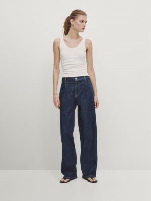 Massimo Dutti High-waist Wide-leg With Darts Women Jeans Dark Blue | US-GH3410659