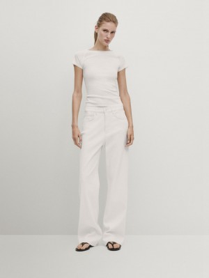 Massimo Dutti High-waist With Fabric Detail Women Jeans Cream | US-KF2194675