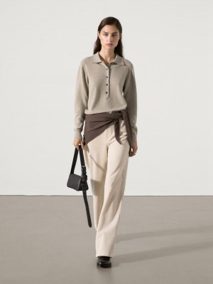 Massimo Dutti Jersey Polo Stitch Cashmere Women Sweater Beige | US-BM9352468