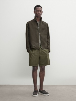 Massimo Dutti Jogger Fit Cotton Blend Bermuda Men Shorts Khaki | US-BS7680943