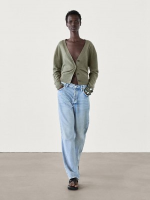 Massimo Dutti Knit Cashmere V-neck Women Cardigan Green | US-VE7815203