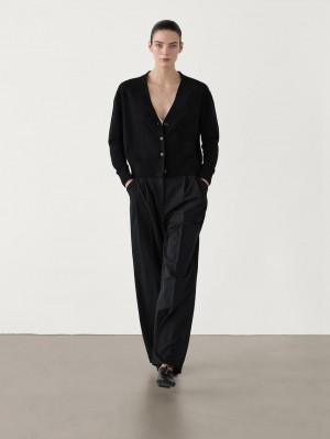 Massimo Dutti Knit Cashmere V-neck Women Cardigan Black | US-KP0486273