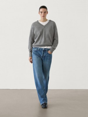 Massimo Dutti Knit Cashmere V-neck Women Sweater Grey | US-GY3659142
