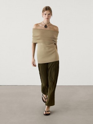 Massimo Dutti Knit Cotton Blend Women Top Khaki | US-TU7538042