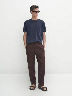 Massimo Dutti Knit Crew Neck With Short Sleeves Men T-Shirt Navy | US-DS6702984