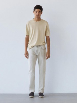 Massimo Dutti Knit Crew Neck With Short Sleeves Men T-Shirt Yellow | US-FY9173205