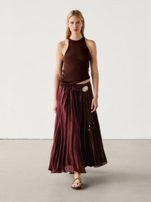 Massimo Dutti Knit Halter With Ribbed Detail Women Top Dark Brown | US-LS3192758