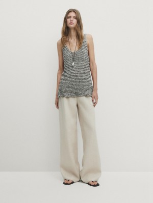 Massimo Dutti Knit Strappy Women Top Black / Cream | US-PE4037195