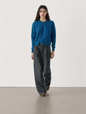 Massimo Dutti Knit With Crew Neck Co-ord Women Cardigan Blue | US-LE6812745