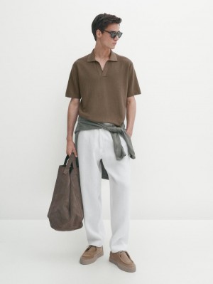 Massimo Dutti Knit With Fabric Detail Men Polo Shirt Brown | US-RH5180234