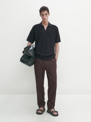 Massimo Dutti Knit With Fabric Detail Men Polo Shirt Navy | US-CS1385247