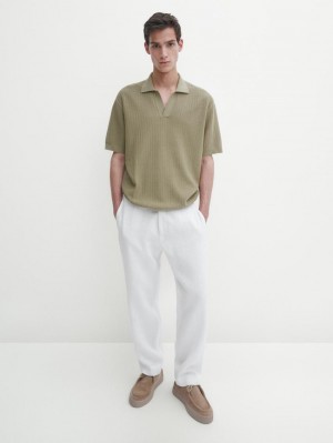 Massimo Dutti Knit With Fabric Detail Men Polo Shirt Green | US-PH3921806