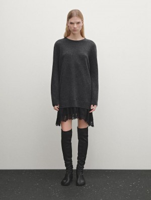 Massimo Dutti Knit With Lace Trim Hem Women Dress Dark Grey | US-PT0826493