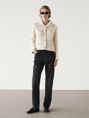 Massimo Dutti Knit With Pocket Details Women Cardigan Cream | US-DV5036814