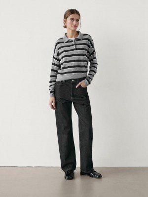 Massimo Dutti Knit With Polo Collar And Buttons Women Sweater Grey / Black | US-DZ9150872