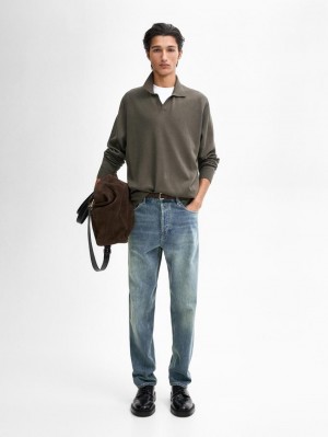 Massimo Dutti Knit With Polo Collar Men Sweater Dark Khaki | US-RL8314765