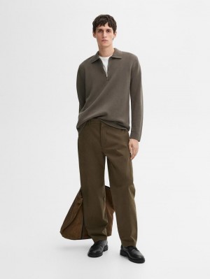 Massimo Dutti Knit With Zip Polo Collar Men Sweater Khaki | US-UZ3042156
