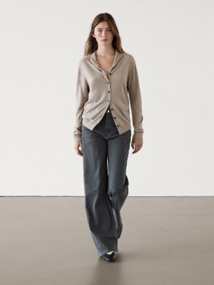 Massimo Dutti Knitted Perkins Collar Women Cardigan Khaki | US-KQ5638179