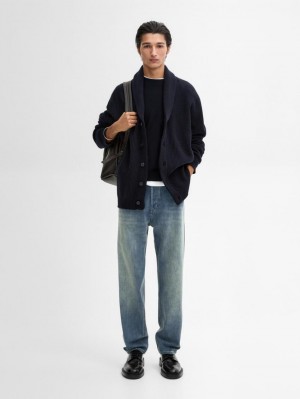 Massimo Dutti Knitted Shawl Collar Men Cardigan Navy | US-XZ3508621