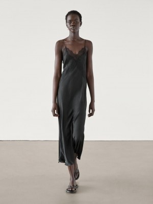 Massimo Dutti Lace Midi Slip Women Dress Black | US-EM4523867