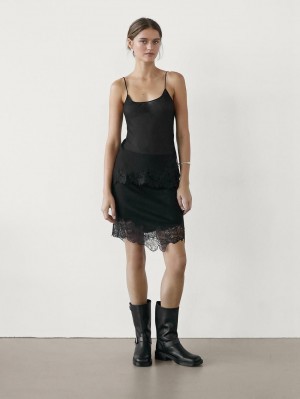 Massimo Dutti Lace-trimmed Camisole Women Top Black | US-JS1654980