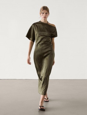 Massimo Dutti Lace-trimmed Midi With Shoulder Detail Women Dress Olive | US-CW5096217