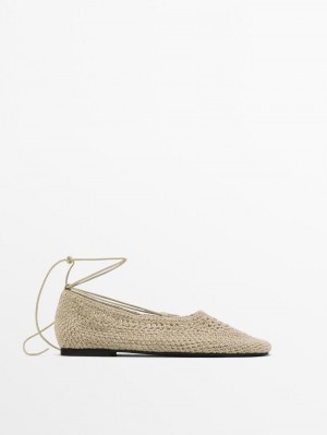 Massimo Dutti Lace-up Crochet Women Ballet Flats Cream | US-IS9673485