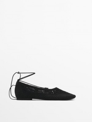 Massimo Dutti Lace-up Crochet Women Ballet Flats Black | US-EK9147635