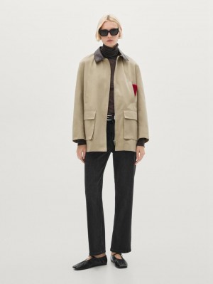 Massimo Dutti Leather Collar Detail Women Jacket Light Khaki | US-DS4823965