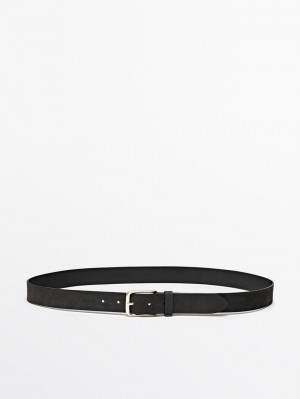 Massimo Dutti Leather With Square Buckle Men Belt Black | US-RC8965170