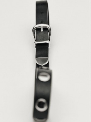 Massimo Dutti Leather With Stud Details Women Belt Black | US-RE1603742