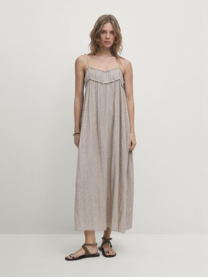 Massimo Dutti Linen And Cotton Blend Waffle-knit Midi Women Dress Beige | US-KY8564921
