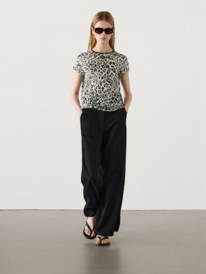 Massimo Dutti Linen Animal Print Women T-Shirt Leopard | US-VK3829570