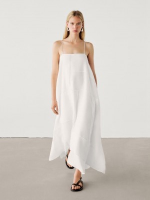 Massimo Dutti Linen Blend Asymmetric Midi Women Dress White | US-QM5160439