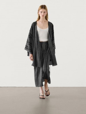 Massimo Dutti Linen Blend Embroidered Co-ord Pareo Women Skirts Black | US-OL3271805