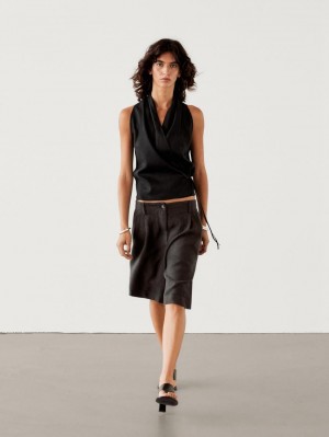 Massimo Dutti Linen Blend Halter With Tie Detail Women Top Black | US-TF6593218