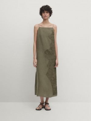 Massimo Dutti Linen Blend Midi With Embroidery Detail Women Dress Green | US-AR8142675