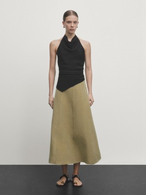 Massimo Dutti Linen Blend Midi With Seam Details Women Skirts Green | US-WT6785291
