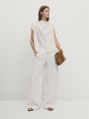 Massimo Dutti Linen Blend With A Draped Neck Women Top Cream | US-UO3068217