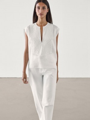 Massimo Dutti Linen Blend With Front Embroidery Women Blouse White | US-CG3270986