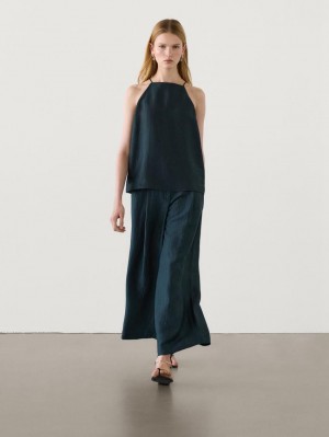 Massimo Dutti Linen Blend With Open Back Women Top Dark Green | US-KT8795102