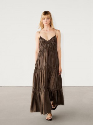 Massimo Dutti Linen Long With Gathered Detail Women Dress Chocolate | US-QH9637041