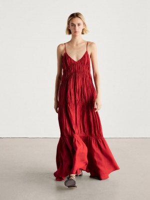 Massimo Dutti Linen Long With Gathered Detail Women Dress Red | US-LM7642958