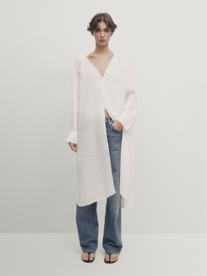 Massimo Dutti Linen Maxi Oversize Women Blouse White | US-UI3617029