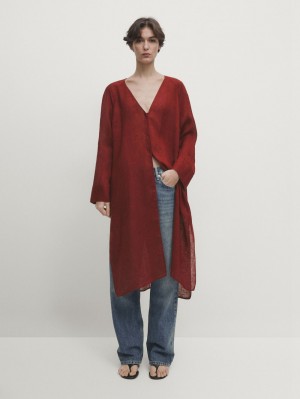 Massimo Dutti Linen Maxi Oversize Women Blouse Red | US-LM4035892