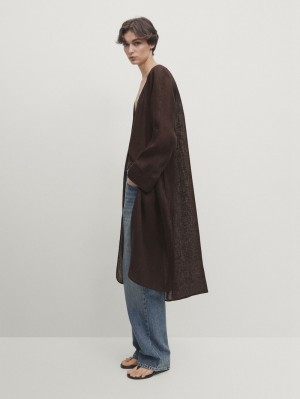 Massimo Dutti Linen Maxi Oversize Women Blouse Dark Brown | US-EM8729105