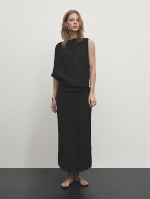 Massimo Dutti Linen Midi With Asymmetric Neckline Women Dress Black | US-CD4915786