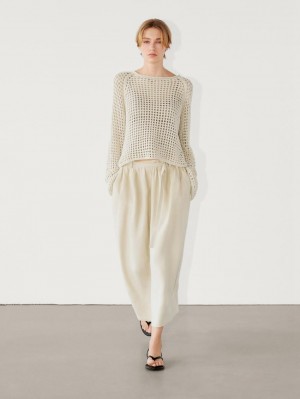 Massimo Dutti Linen Midi With Belt Detail Women Skirts Cream | US-PM0852319