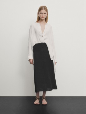 Massimo Dutti Linen Midi With Seam Detail Women Skirts Black | US-XT2594367