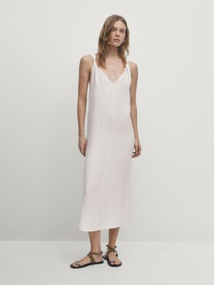 Massimo Dutti Linen Midi With Strap Details Women Dress White | US-GO8576240